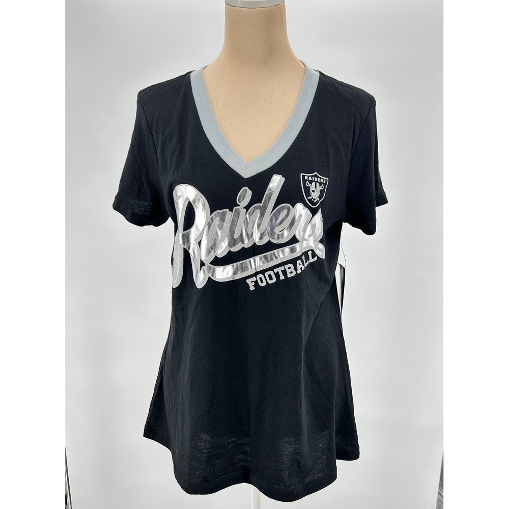 NFL Team Apparel Womens‎ Las Vegas Raiders V-Neck T-Shirt Black Silver Large NWT